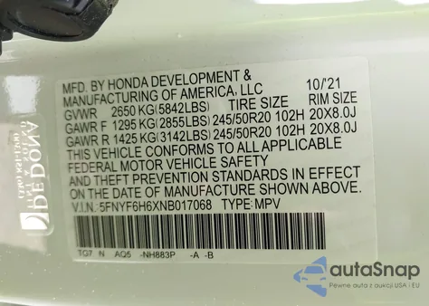 2022 Honda Pilot Awd Touring 7 Passenger from USA, damaged, VIN 5FNYF6H6XNB017068